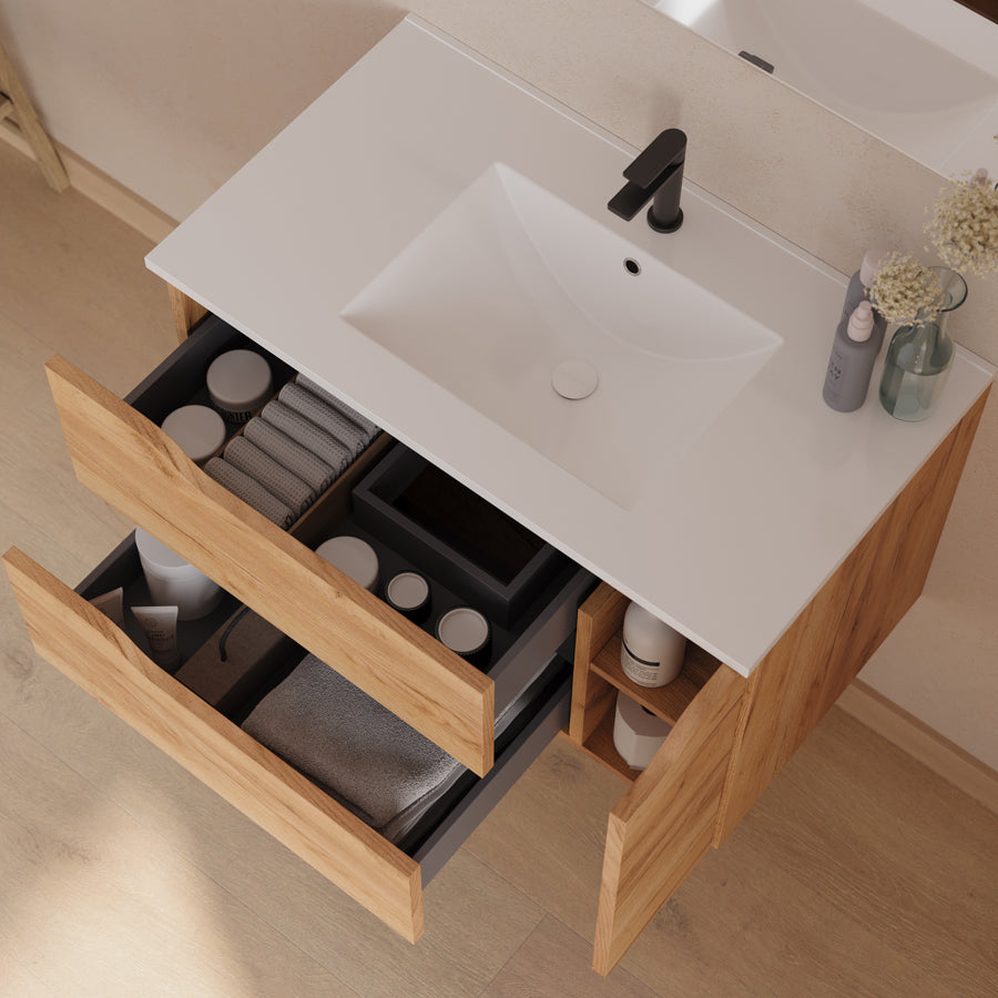 Meuble de salle de bain Zarza 80 cm plan vasque centre roble vue de dessus