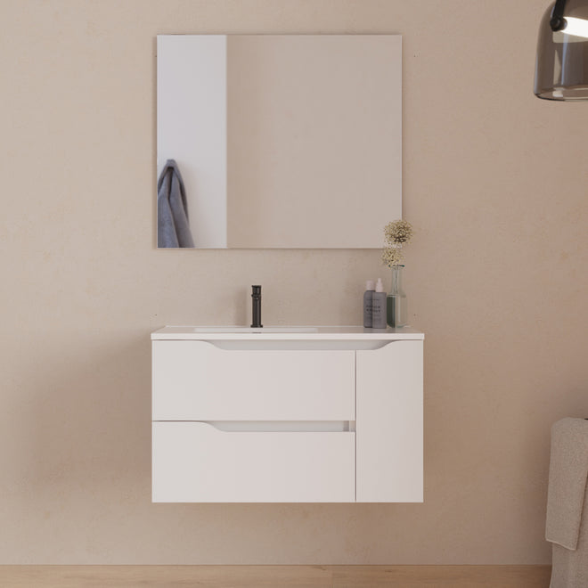 Meuble de salle de bain 80cm avec vasque déportée à gauche et miroir - 2 tiroirs et un placard - ZARZA