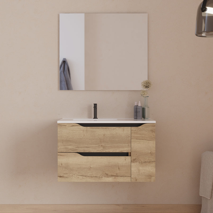 Meuble de salle de bain 80cm avec vasque déportée à gauche et miroir - 2 tiroirs et un placard - ZARZA