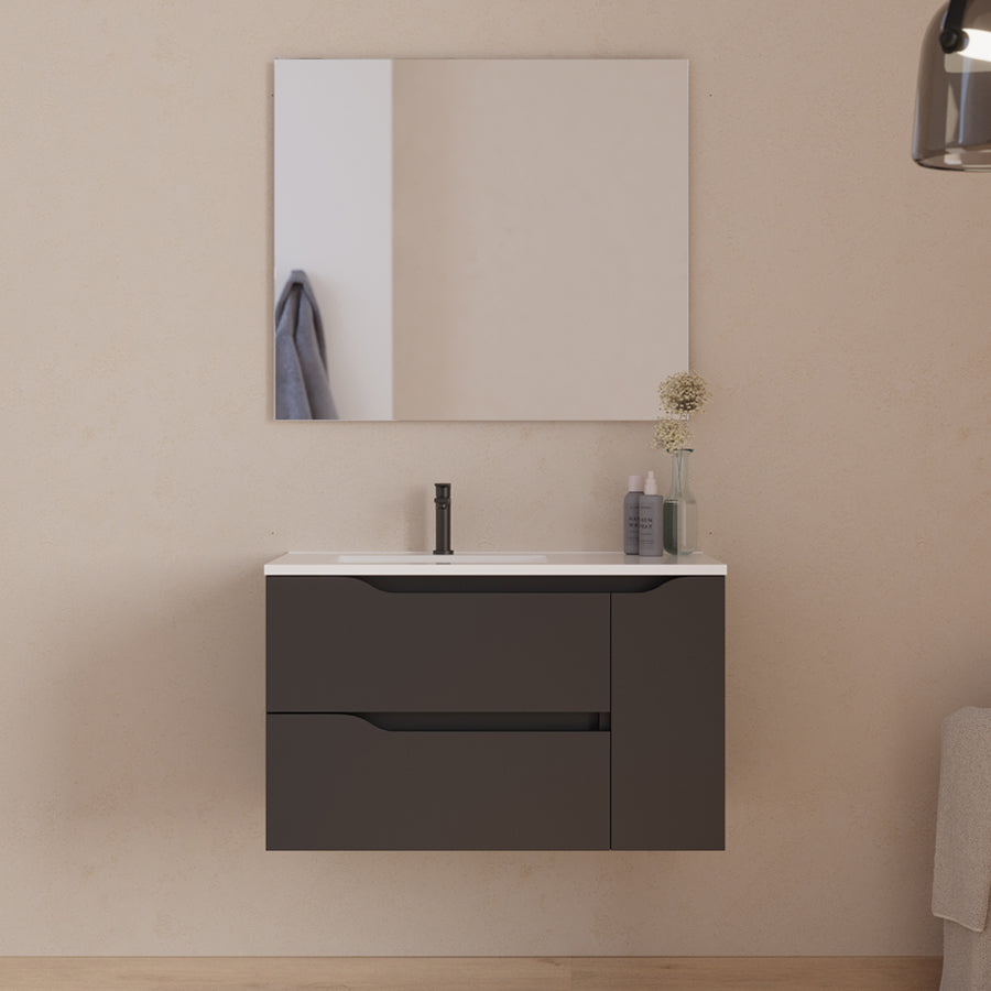 Meuble de salle de bain 80cm avec vasque déportée à gauche et miroir - 2 tiroirs et un placard - ZARZA