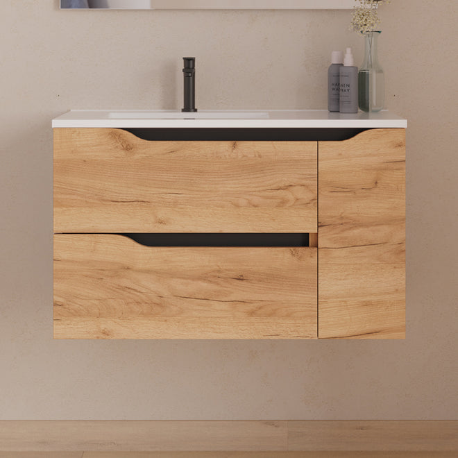 Meuble de salle de bain 80cm avec vasque déportée à gauche - sans miroir - 2 tiroirs et un placard - ZARZA