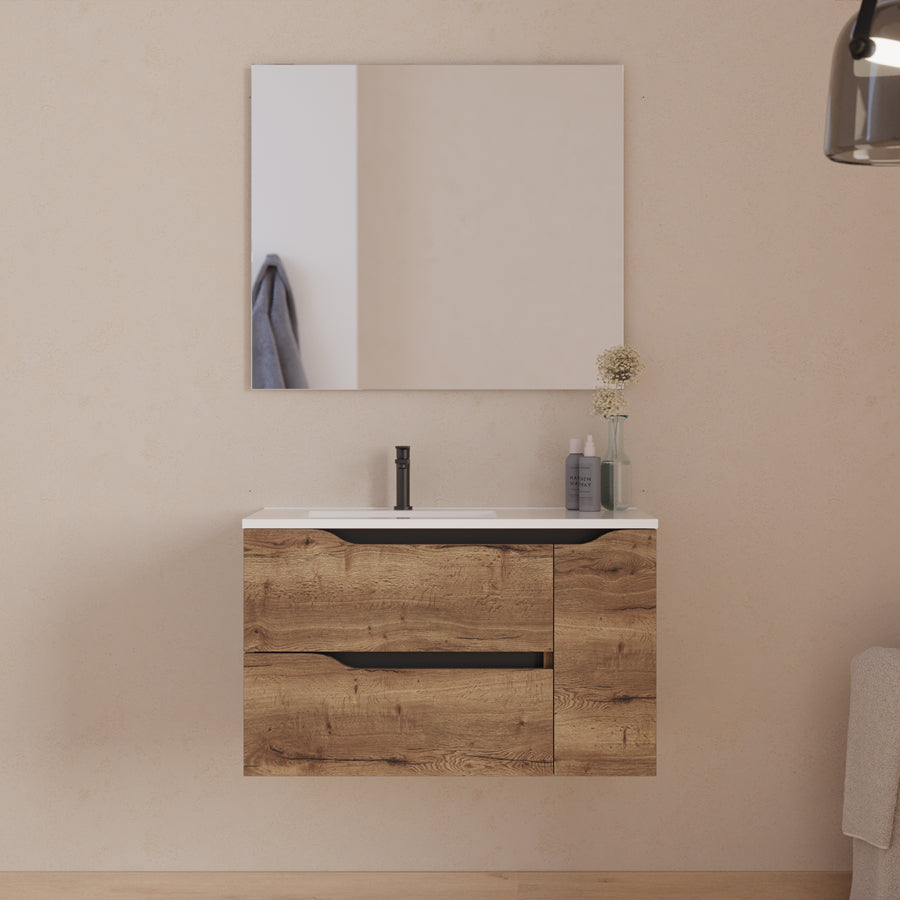 Meuble de salle de bain 80cm avec vasque déportée à gauche et miroir - 2 tiroirs et un placard - ZARZA