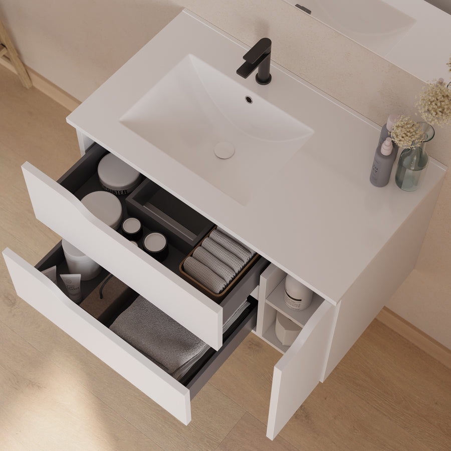 Meuble de salle de bain 80cm avec vasque déportée à gauche et miroir - 2 tiroirs et un placard - ZARZA
