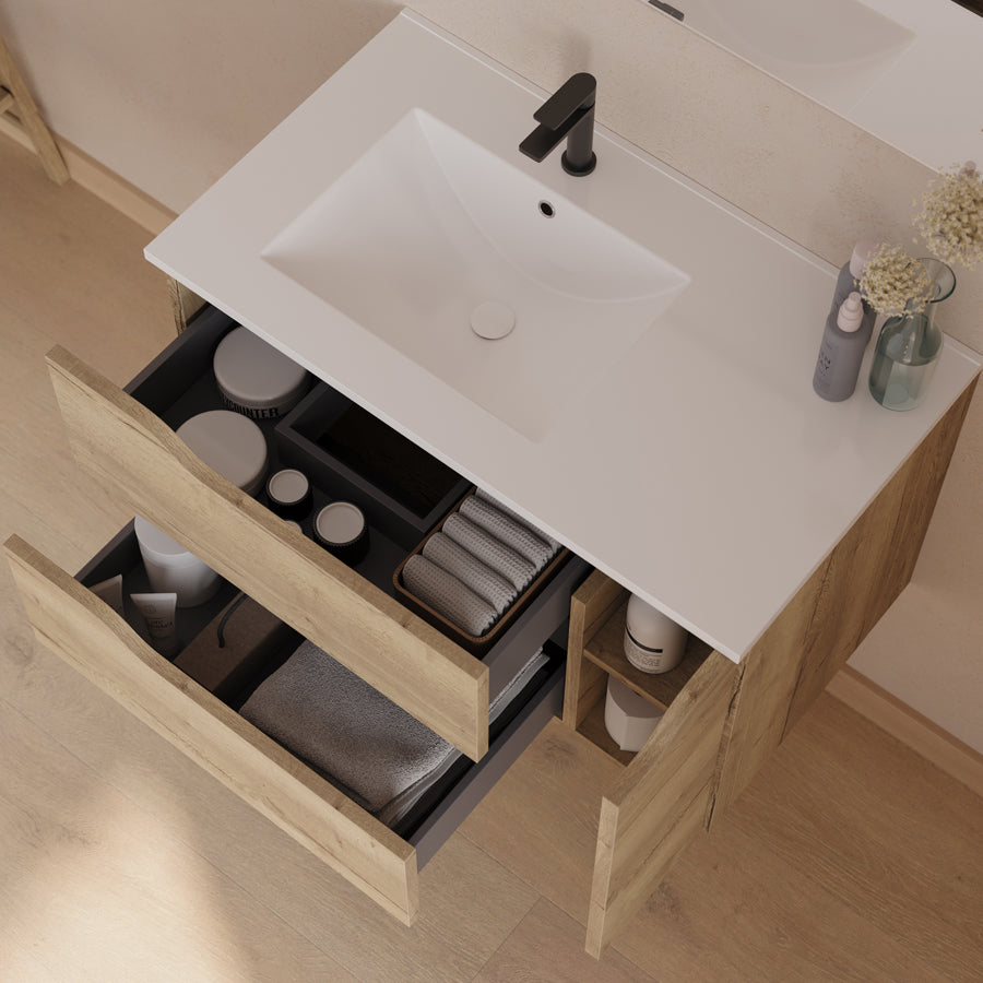 Meuble de salle de bain 80cm avec vasque déportée à gauche et miroir - 2 tiroirs et un placard - ZARZA