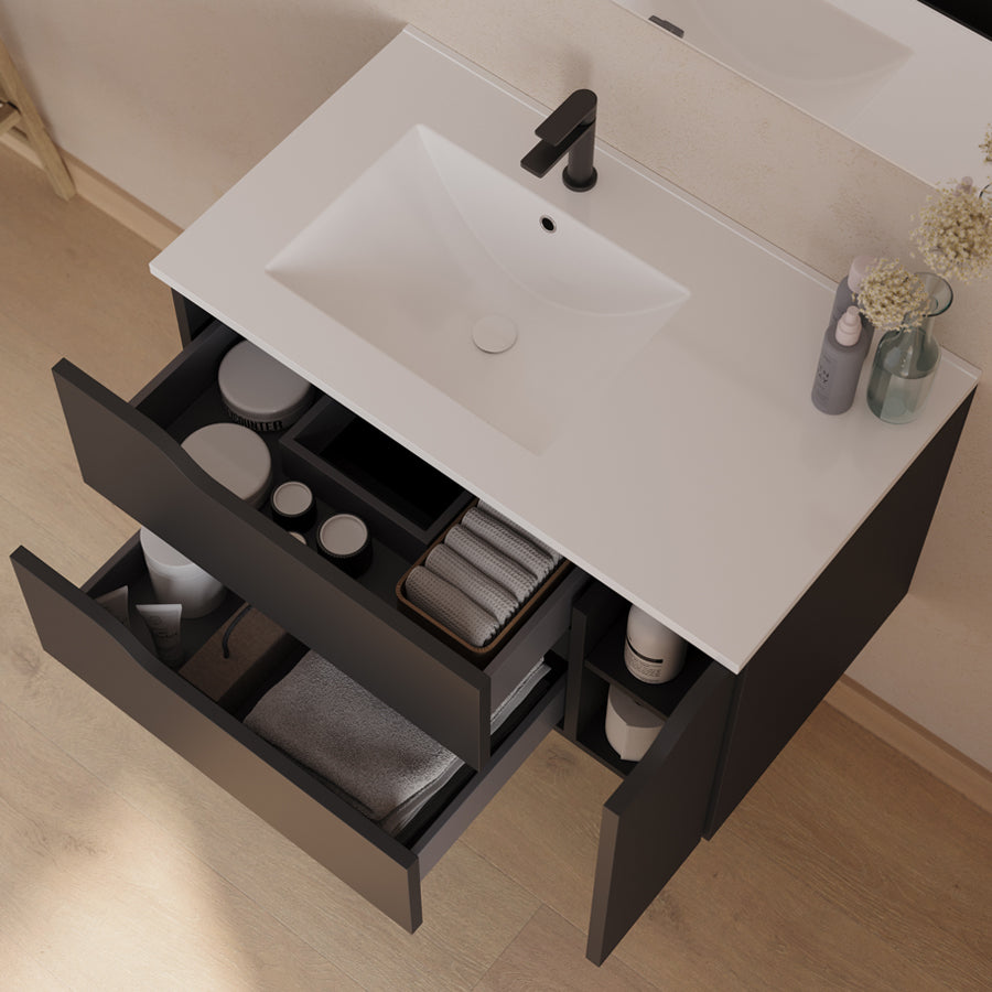 Meuble de salle de bain 80cm avec vasque déportée à gauche et miroir - 2 tiroirs et un placard - ZARZA