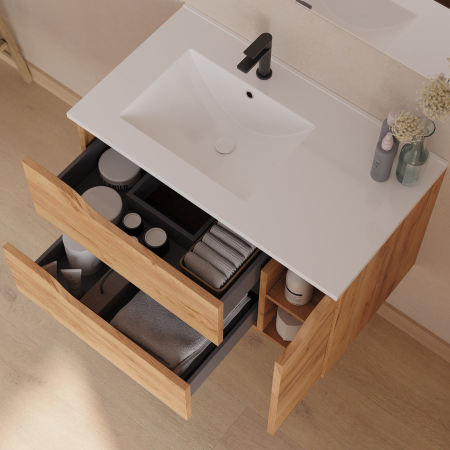Meuble de salle de bain 80cm avec vasque déportée à gauche et miroir - 2 tiroirs et un placard - ZARZA