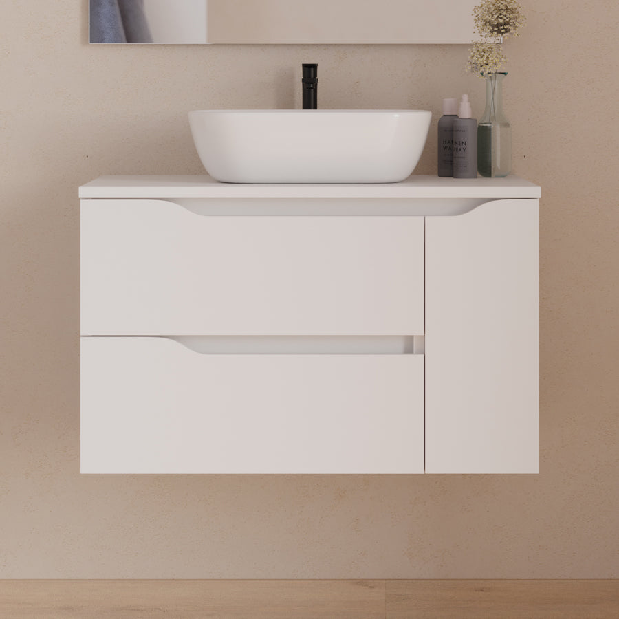 Meuble de salle de bain 80cm avec plateau, vasque centrée à poser Zeus et miroir - 2 tiroirs et un placard - ZARZA