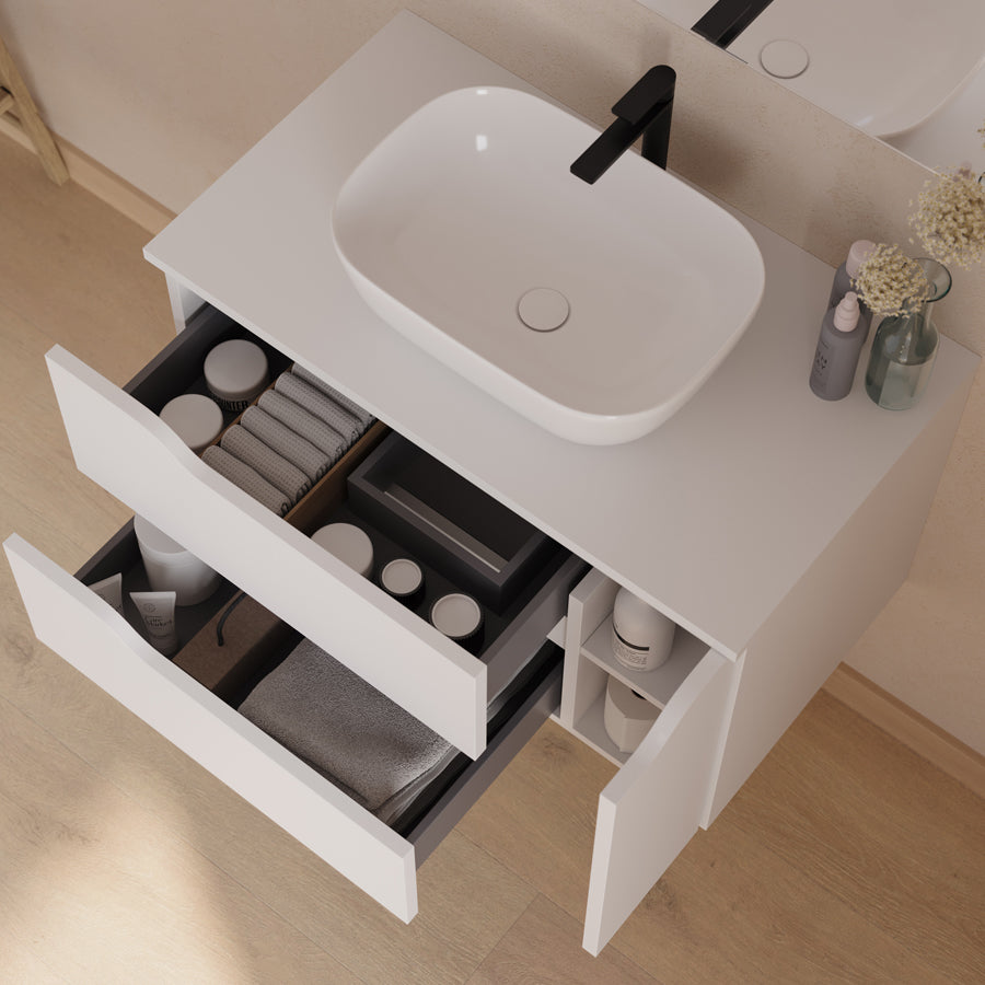 Meuble de salle de bain 80cm avec plateau, vasque centrée à poser Zeus et miroir - 2 tiroirs et un placard - ZARZA