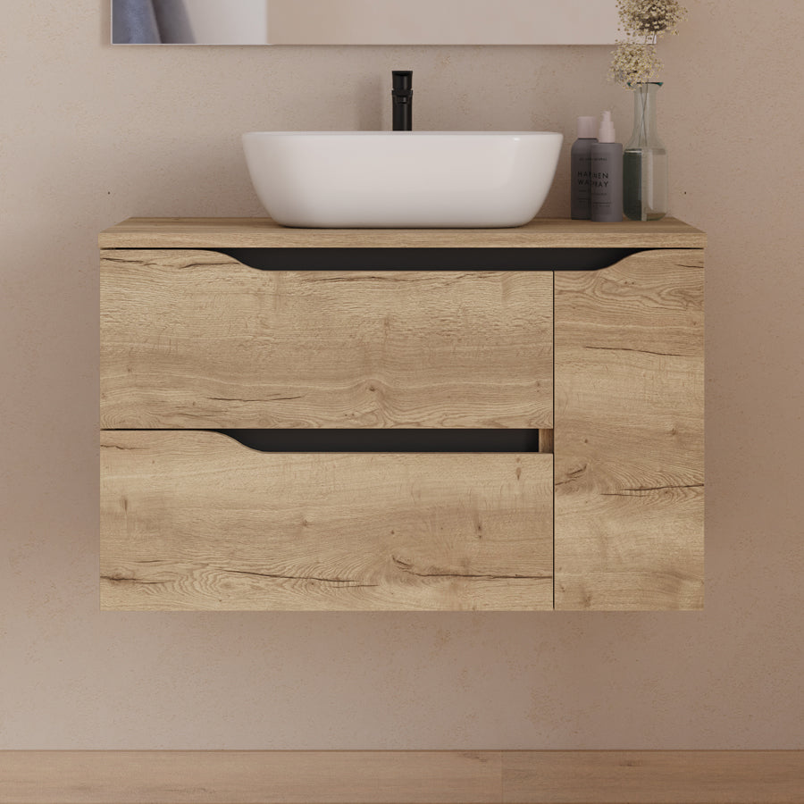 Meuble de salle de bain 80cm avec plateau, vasque centrée à poser Zeus et miroir - 2 tiroirs et un placard - ZARZA