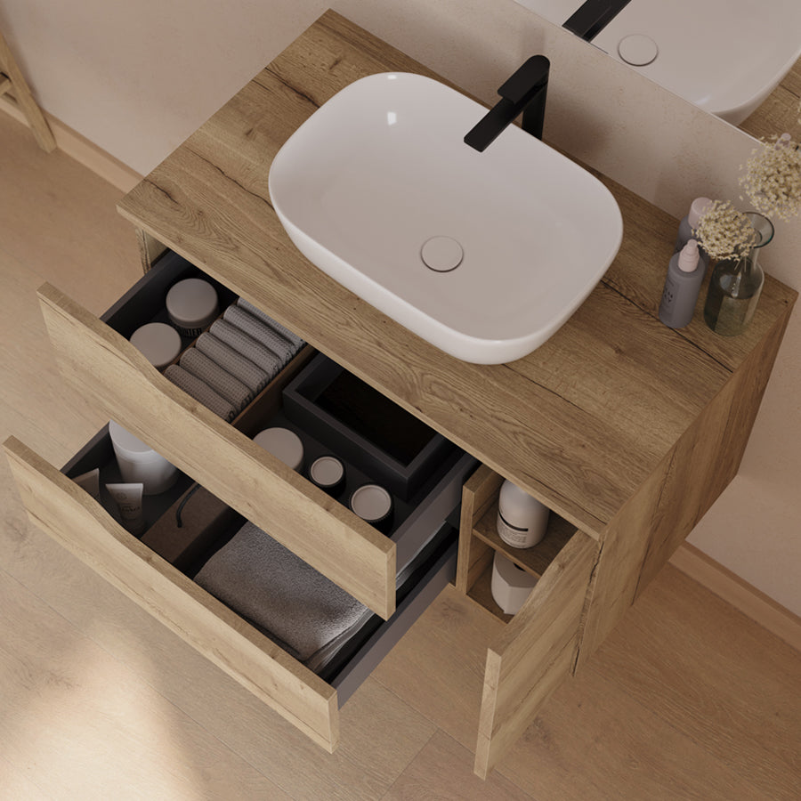 Meuble de salle de bain 80cm avec plateau, vasque centrée à poser Zeus et miroir - 2 tiroirs et un placard - ZARZA