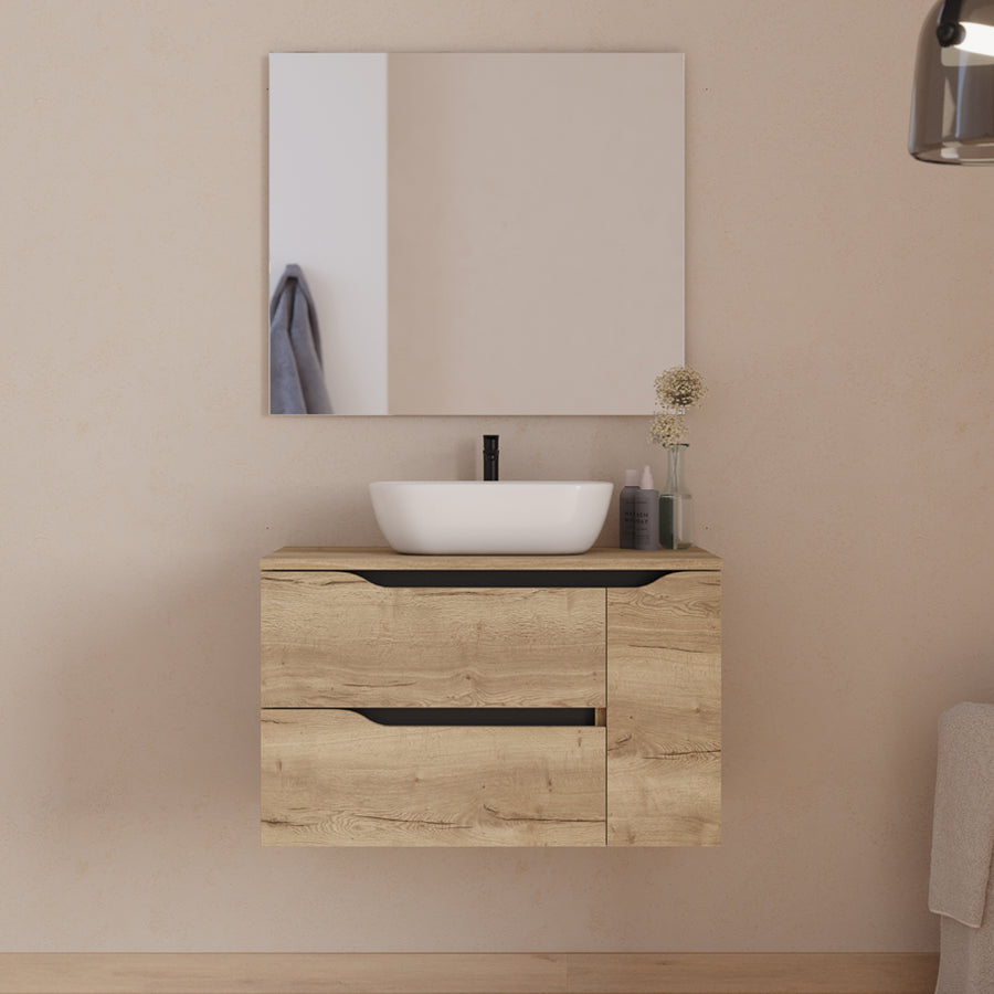 Meuble de salle de bain 80cm avec plateau, vasque centrée à poser Zeus et miroir - 2 tiroirs et un placard - ZARZA