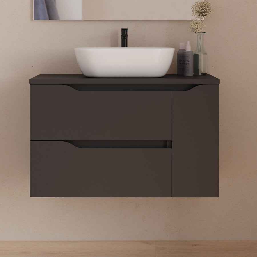 Meuble de salle de bain 80cm avec plateau, vasque centrée à poser Zeus et miroir - 2 tiroirs et un placard - ZARZA
