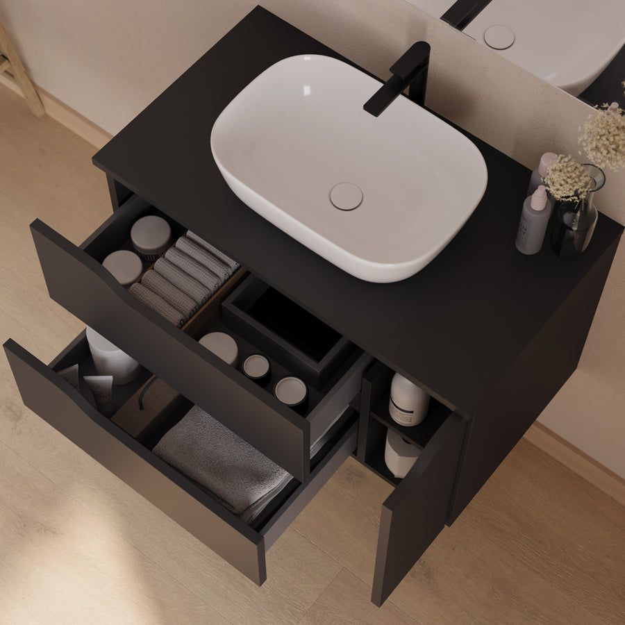 Meuble de salle de bain 80cm avec plateau, vasque centrée à poser Zeus et miroir - 2 tiroirs et un placard - ZARZA
