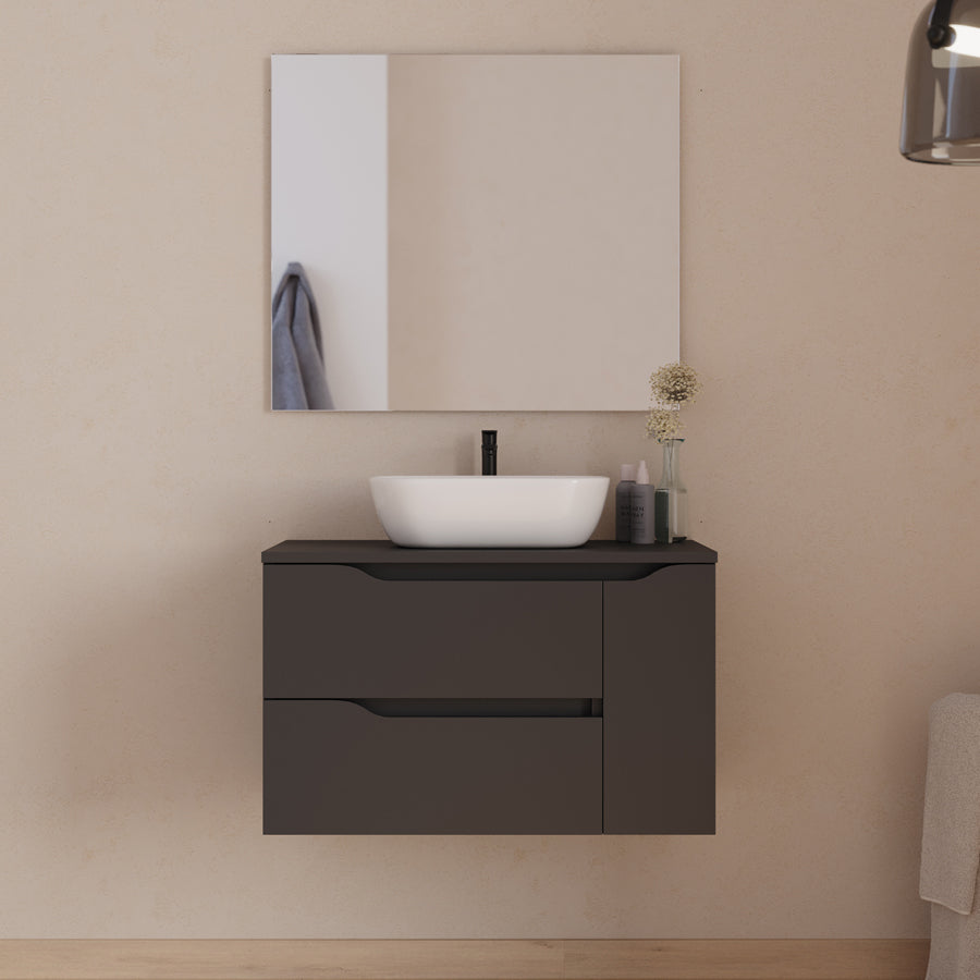 Meuble de salle de bain 80cm avec plateau, vasque centrée à poser Zeus et miroir - 2 tiroirs et un placard - ZARZA