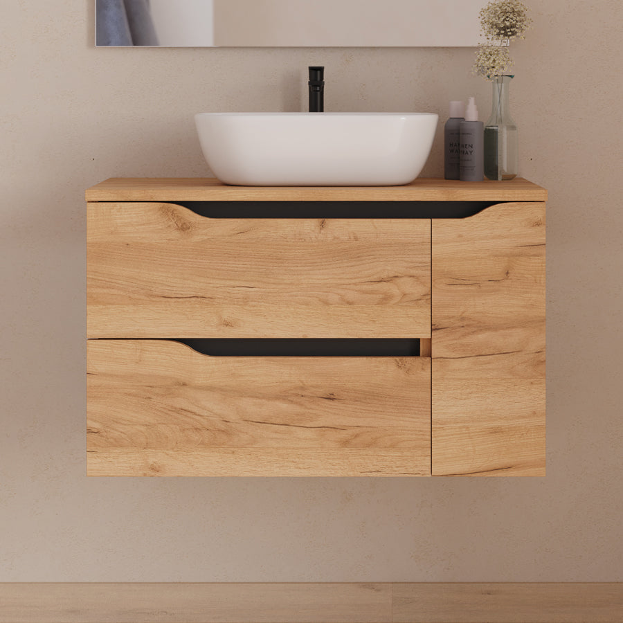 Meuble de salle de bain 80cm avec plateau, vasque centrée à poser Zeus et miroir - 2 tiroirs et un placard - ZARZA