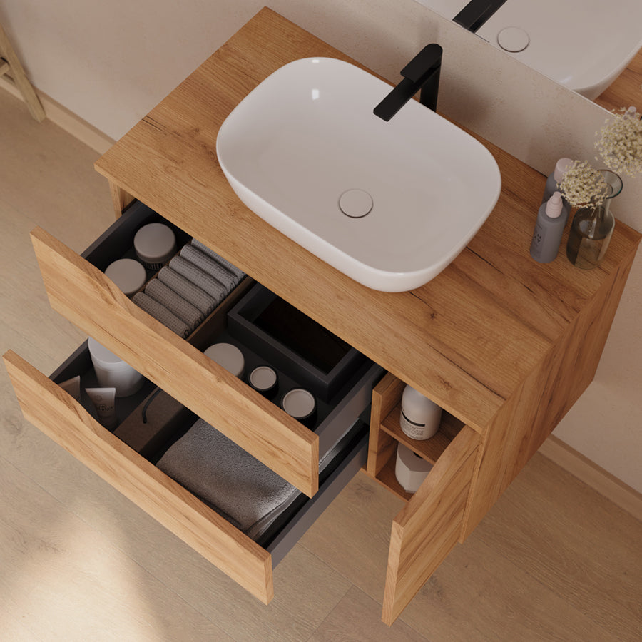 Meuble de salle de bain 80cm avec plateau, vasque centrée à poser Zeus et miroir - 2 tiroirs et un placard - ZARZA