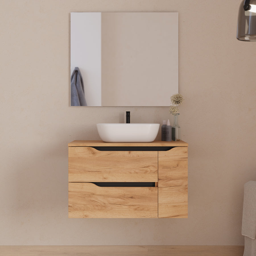Meuble de salle de bain 80cm avec plateau, vasque centrée à poser Zeus et miroir - 2 tiroirs et un placard - ZARZA