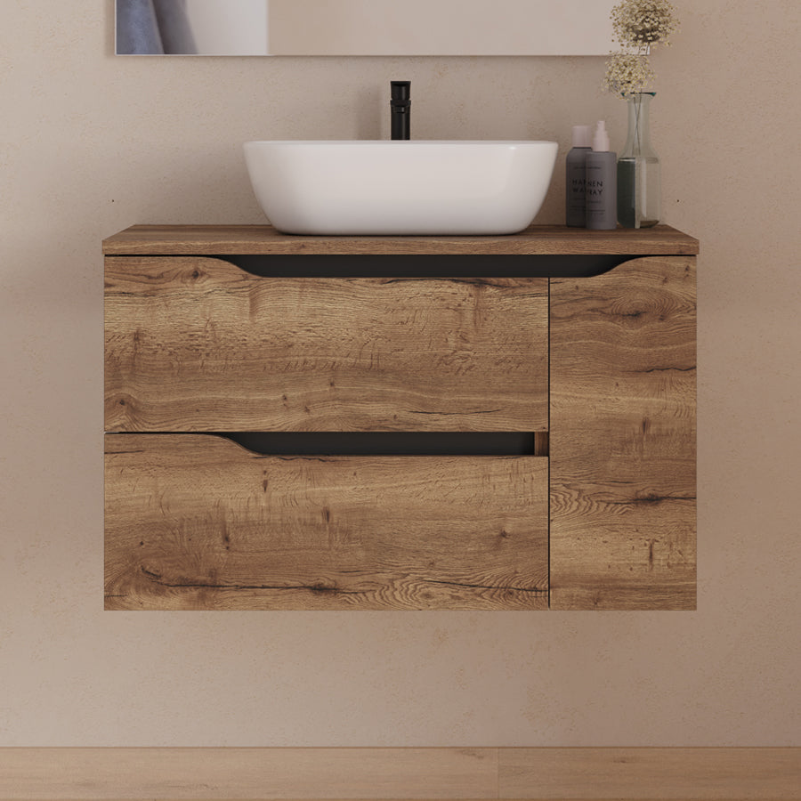 Meuble de salle de bain 80cm avec plateau, vasque centrée à poser Zeus et miroir - 2 tiroirs et un placard - ZARZA