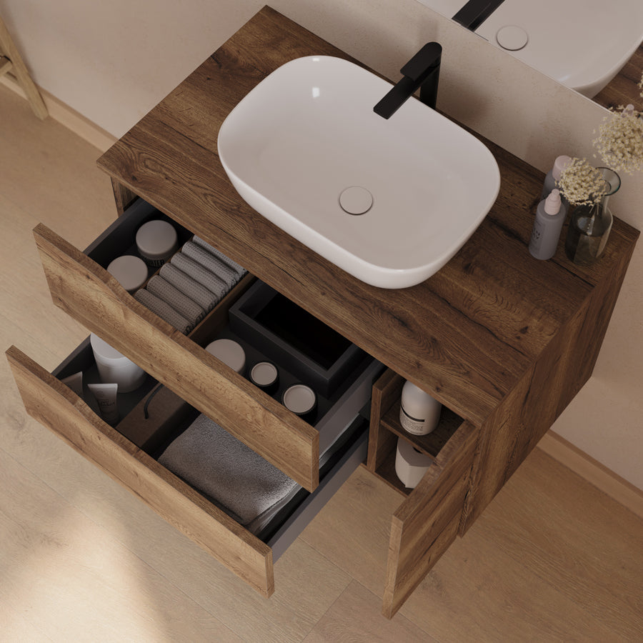 Meuble de salle de bain 80cm avec plateau, vasque centrée à poser Zeus et miroir - 2 tiroirs et un placard - ZARZA