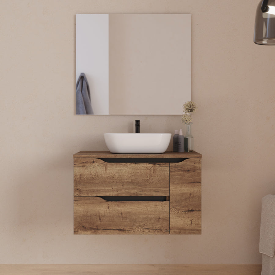 Meuble de salle de bain 80cm avec plateau, vasque centrée à poser Zeus et miroir - 2 tiroirs et un placard - ZARZA
