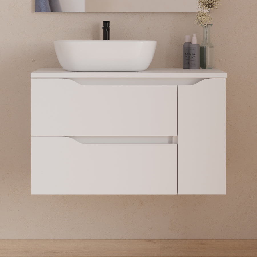 Meuble de salle de bain 80cm avec plateau, vasque à poser déportée à gauche Zeus et miroir - 2 tiroirs et un placard - ZARZA