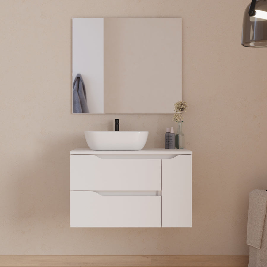 Meuble de salle de bain 80cm avec plateau, vasque à poser déportée à gauche Zeus et miroir - 2 tiroirs et un placard - ZARZA