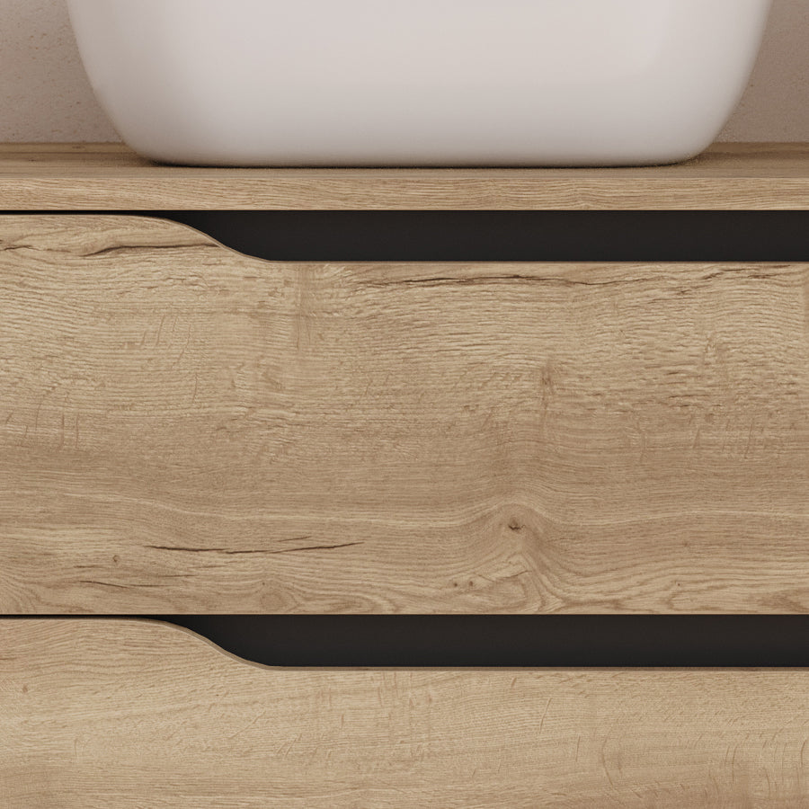 Meuble de salle de bain 80cm avec plateau, vasque à poser déportée à gauche Zeus et miroir - 2 tiroirs et un placard - ZARZA