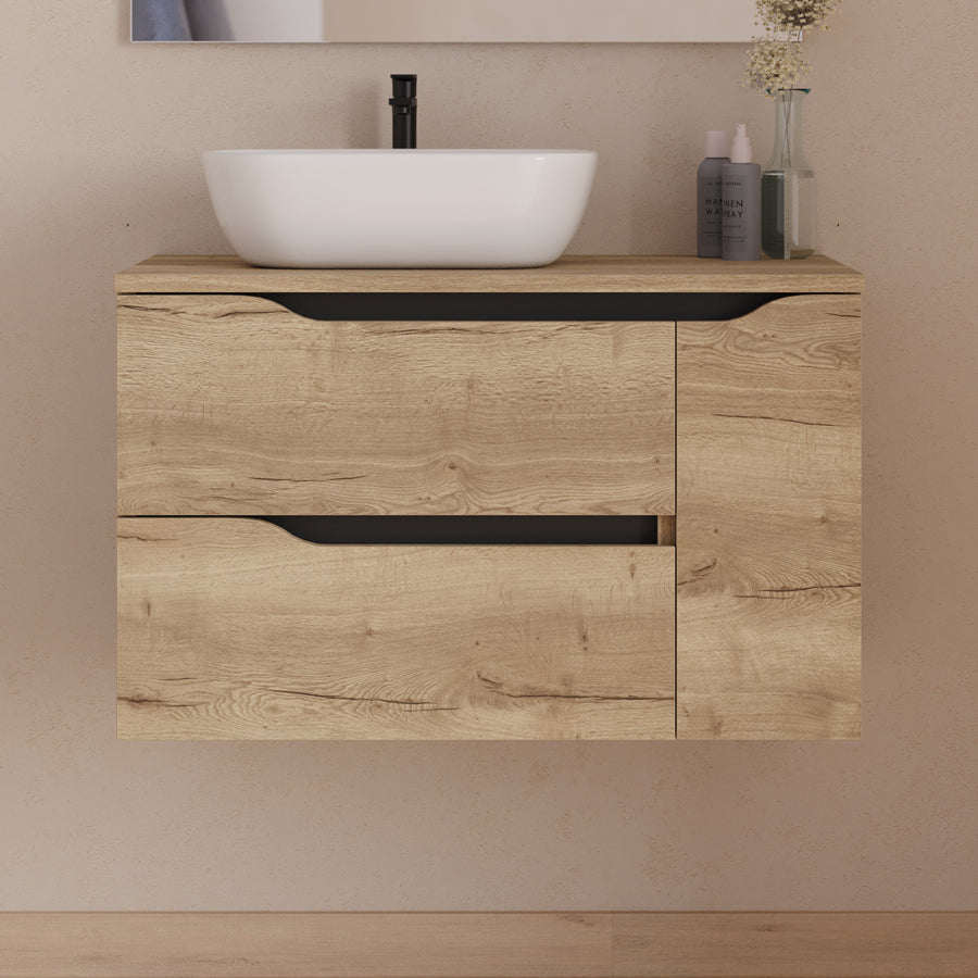 Meuble de salle de bain 80cm avec plateau, vasque à poser déportée à gauche Zeus et miroir - 2 tiroirs et un placard - ZARZA