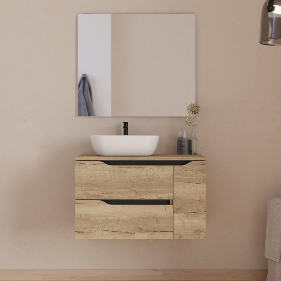 Meuble de salle de bain 80cm avec plateau, vasque à poser déportée à gauche Zeus et miroir - 2 tiroirs et un placard - ZARZA
