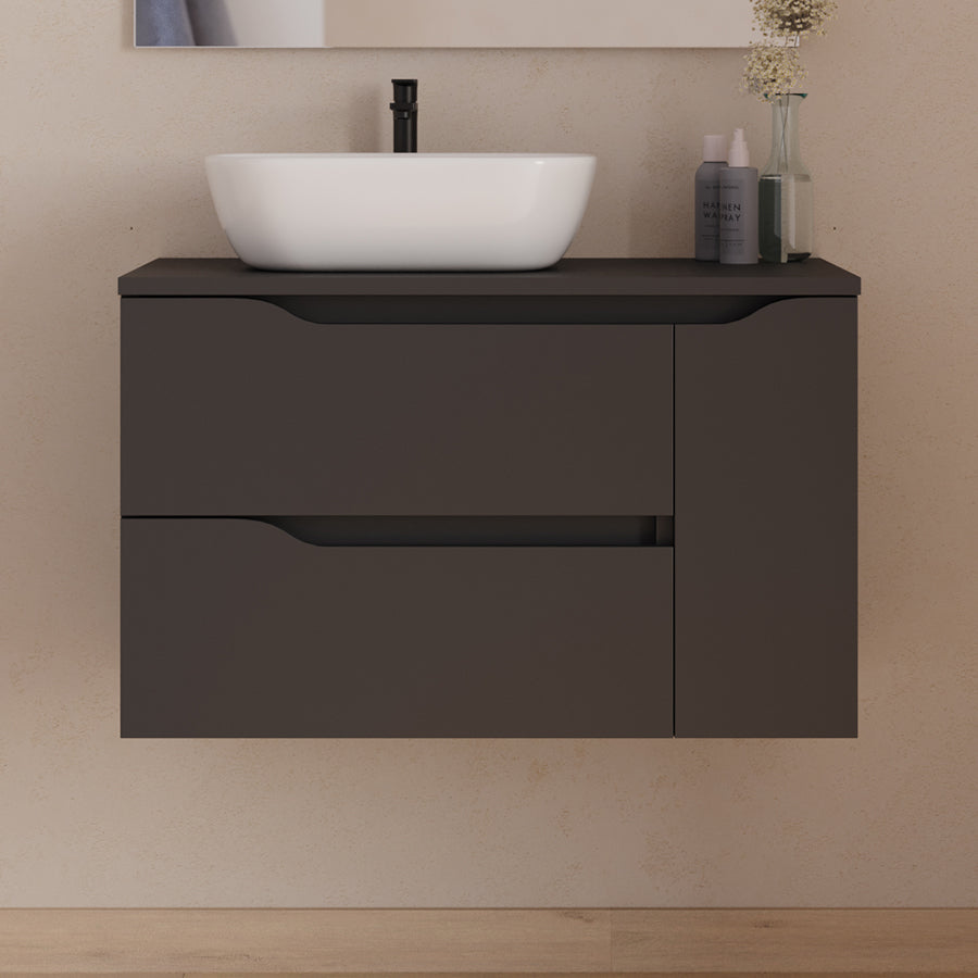 Meuble de salle de bain 80cm avec plateau, vasque à poser déportée à gauche Zeus et miroir - 2 tiroirs et un placard - ZARZA