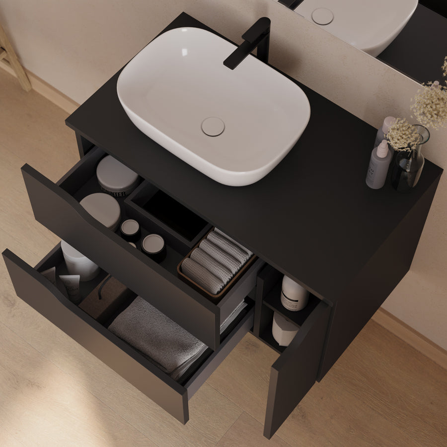 Meuble de salle de bain 80cm avec plateau, vasque à poser déportée à gauche Zeus et miroir - 2 tiroirs et un placard - ZARZA