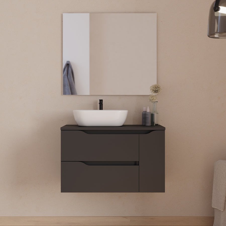 Meuble de salle de bain 80cm avec plateau, vasque à poser déportée à gauche Zeus et miroir - 2 tiroirs et un placard - ZARZA