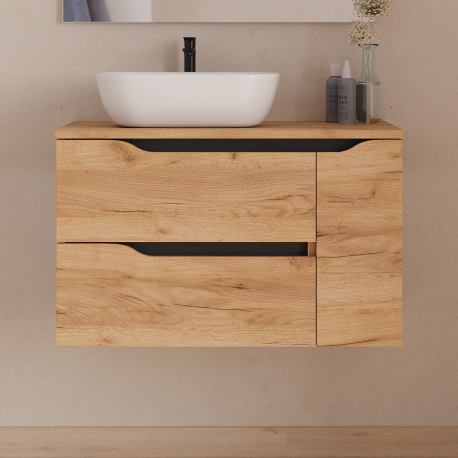 Meuble de salle de bain 80cm avec plateau, vasque à poser déportée à gauche Zeus et miroir - 2 tiroirs et un placard - ZARZA