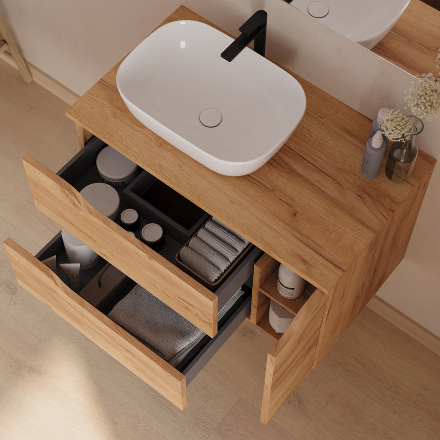Meuble de salle de bain 80cm avec plateau, vasque à poser déportée à gauche Zeus et miroir - 2 tiroirs et un placard - ZARZA