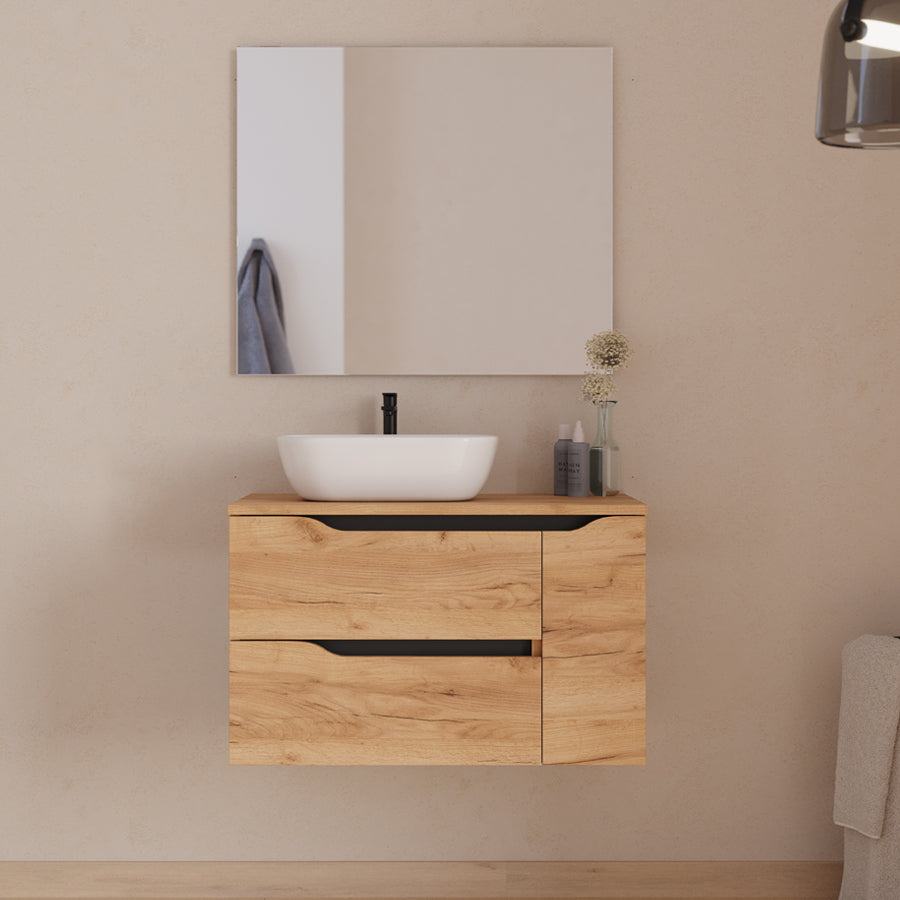 Meuble de salle de bain 80cm avec plateau, vasque à poser déportée à gauche Zeus et miroir - 2 tiroirs et un placard - ZARZA