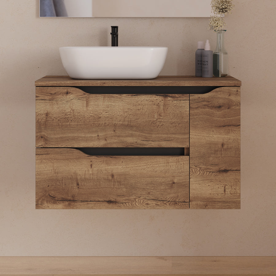 Meuble de salle de bain 80cm avec plateau, vasque à poser déportée à gauche Zeus et miroir - 2 tiroirs et un placard - ZARZA