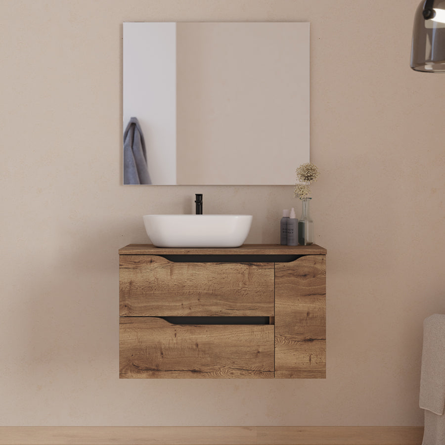Meuble de salle de bain 80cm avec plateau, vasque à poser déportée à gauche Zeus et miroir - 2 tiroirs et un placard - ZARZA