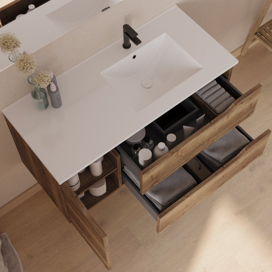 Meuble de salle de bain 100cm avec vasque déportée à droite et miroir - 2 tiroirs et un placard - ZARZA