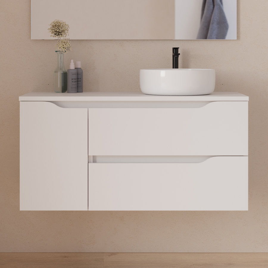 Meuble de salle de bain 100cm avec plateau et vasque à poser déportée à droite Ares - sans miroir - 2 tiroirs et un placard - ZARZA