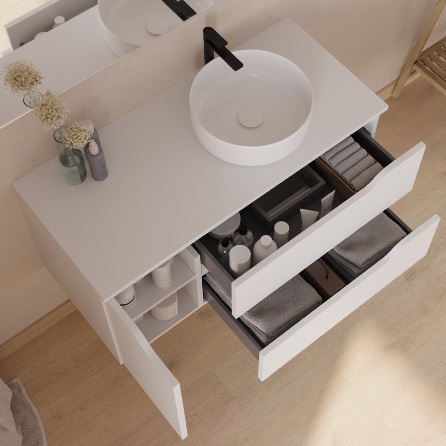Meuble de salle de bain 100cm avec plateau, vasque à poser déportée à droite Ares et miroir - 2 tiroirs et un placard - ZARZA