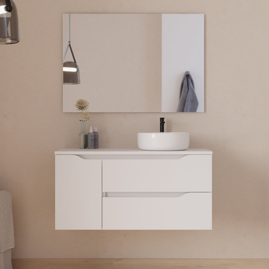 Meuble de salle de bain 100cm avec plateau et vasque à poser déportée à droite Ares - sans miroir - 2 tiroirs et un placard - ZARZA
