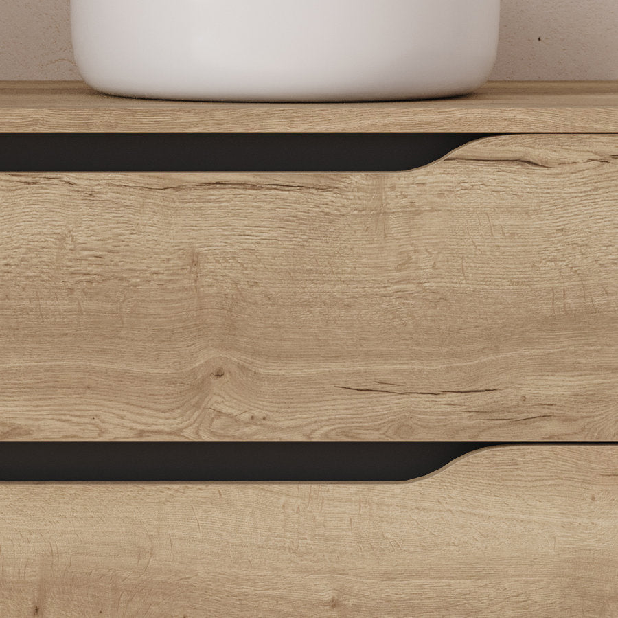 Meuble de salle de bain 100cm avec plateau, vasque à poser déportée à droite Ares et miroir - 2 tiroirs et un placard - ZARZA