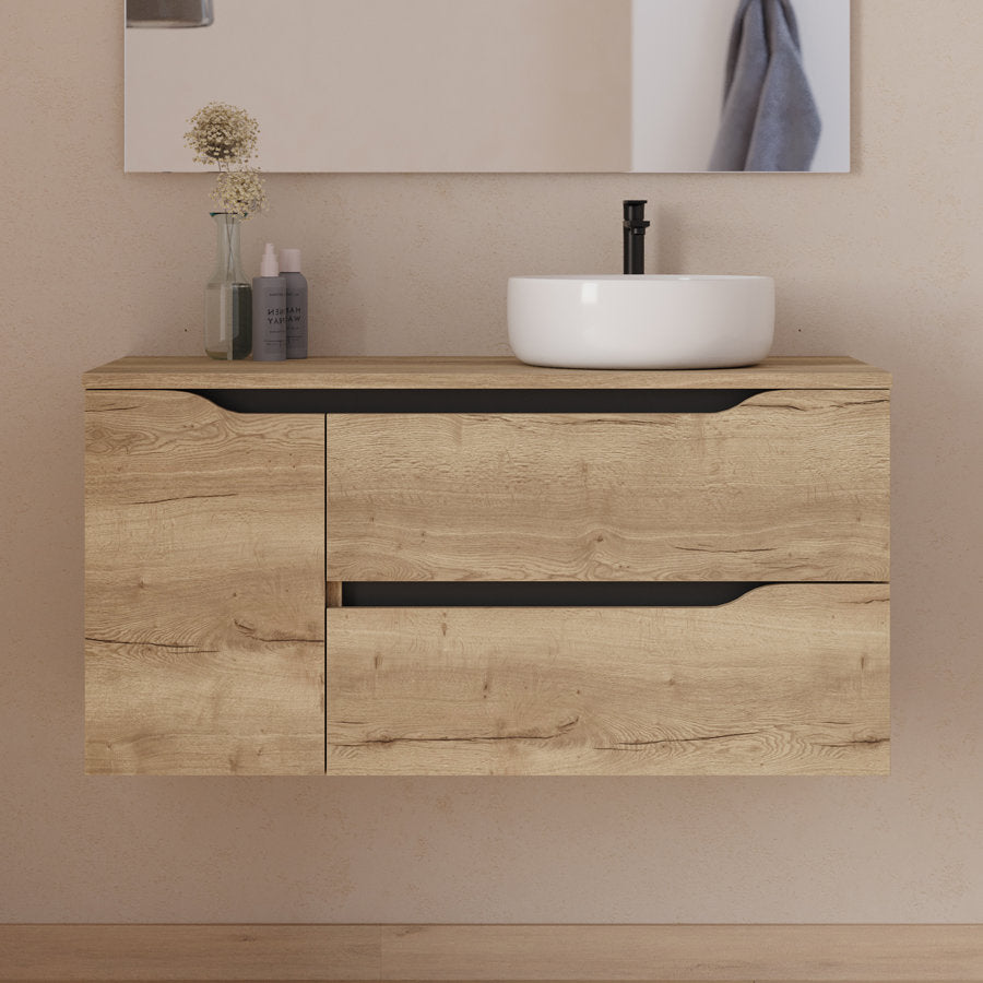 Meuble de salle de bain 100cm avec plateau et vasque à poser déportée à droite Ares - sans miroir - 2 tiroirs et un placard - ZARZA