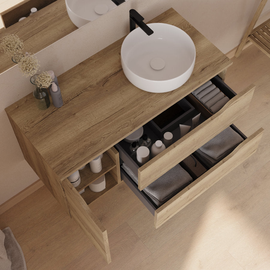 Meuble de salle de bain 100cm avec plateau et vasque à poser déportée à droite Ares - sans miroir - 2 tiroirs et un placard - ZARZA