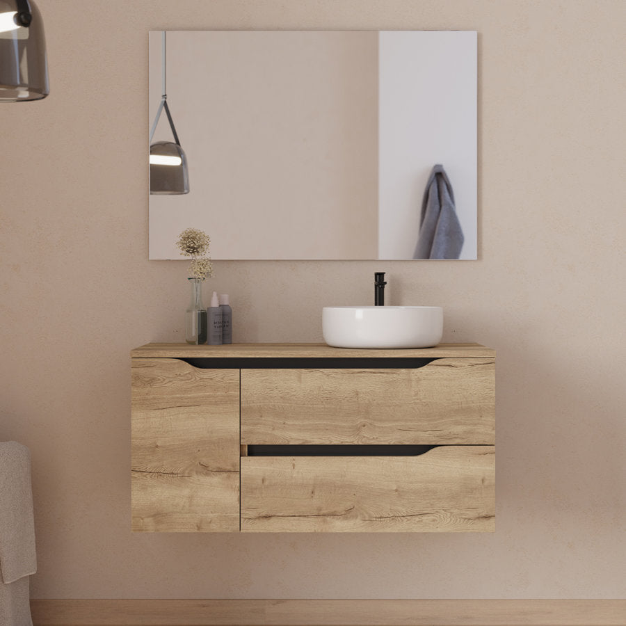 Meuble de salle de bain 100cm avec plateau, vasque à poser déportée à droite Ares et miroir - 2 tiroirs et un placard - ZARZA