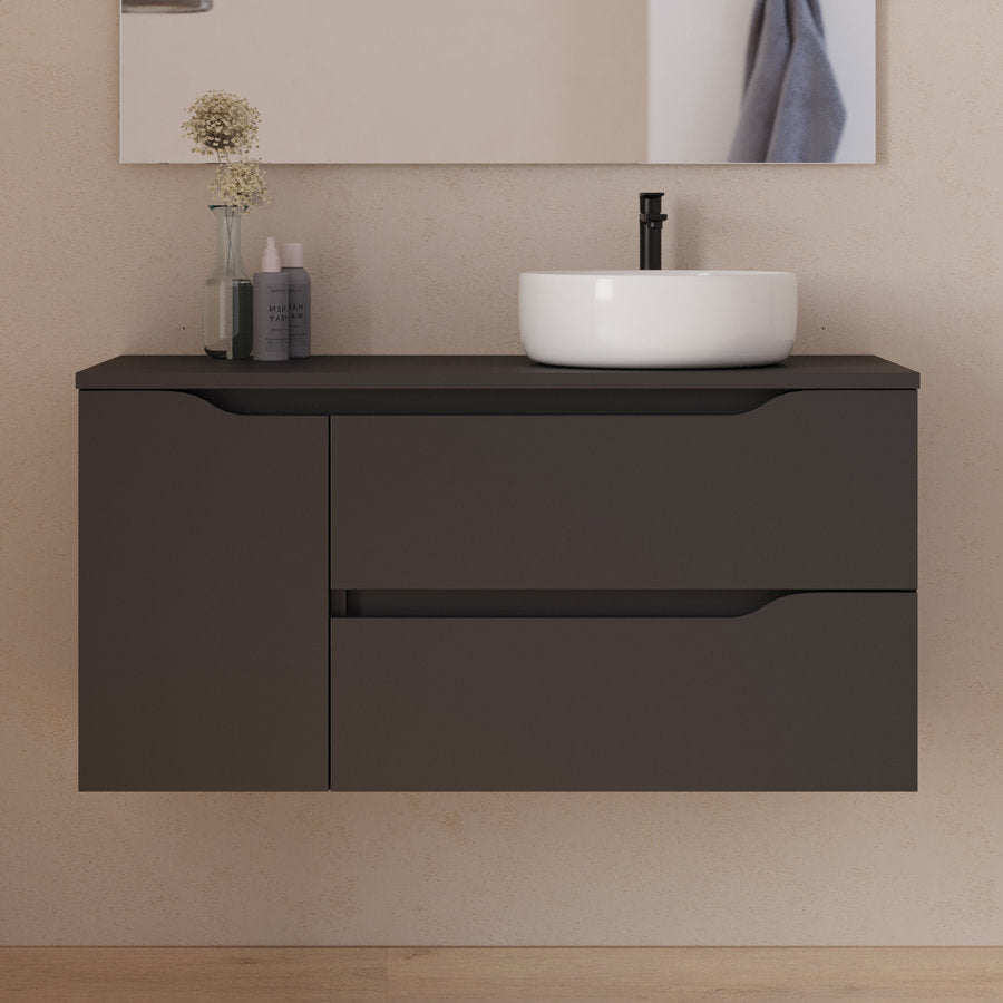 Meuble de salle de bain 100cm avec plateau et vasque à poser déportée à droite Ares - sans miroir - 2 tiroirs et un placard - ZARZA