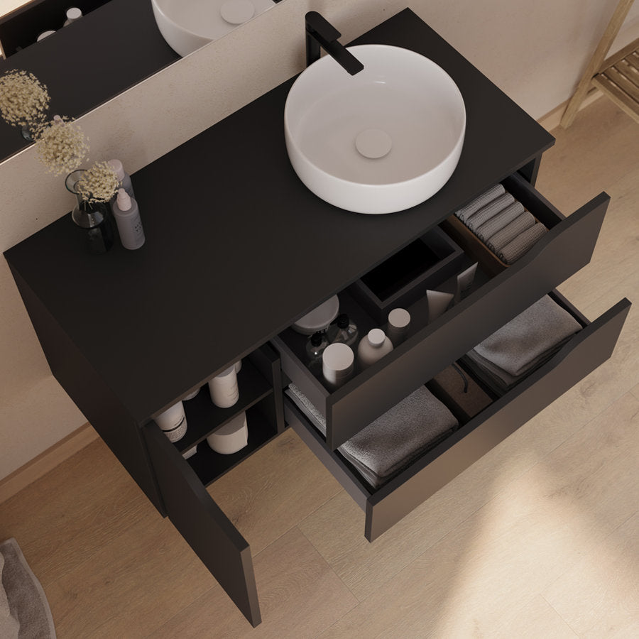 Meuble de salle de bain 100cm avec plateau et vasque à poser déportée à droite Ares - sans miroir - 2 tiroirs et un placard - ZARZA