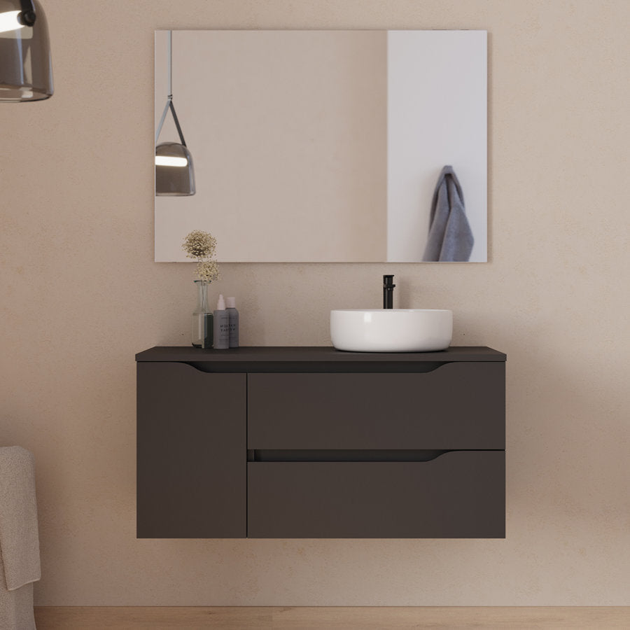 Meuble de salle de bain 100cm avec plateau, vasque à poser déportée à droite Ares et miroir - 2 tiroirs et un placard - ZARZA