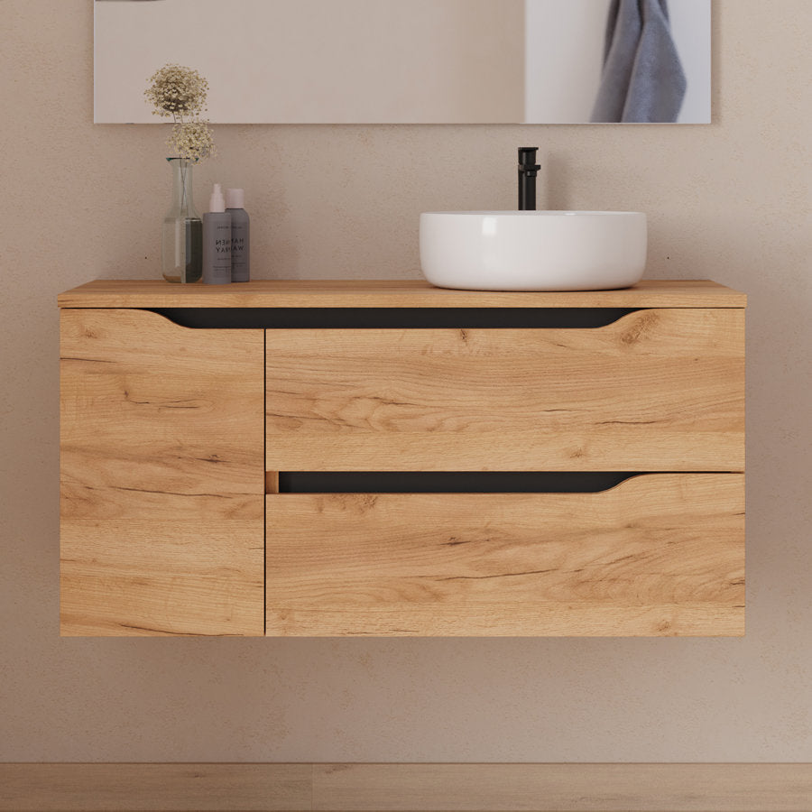 Meuble de salle de bain 100cm avec plateau, vasque à poser déportée à droite Ares et miroir - 2 tiroirs et un placard - ZARZA