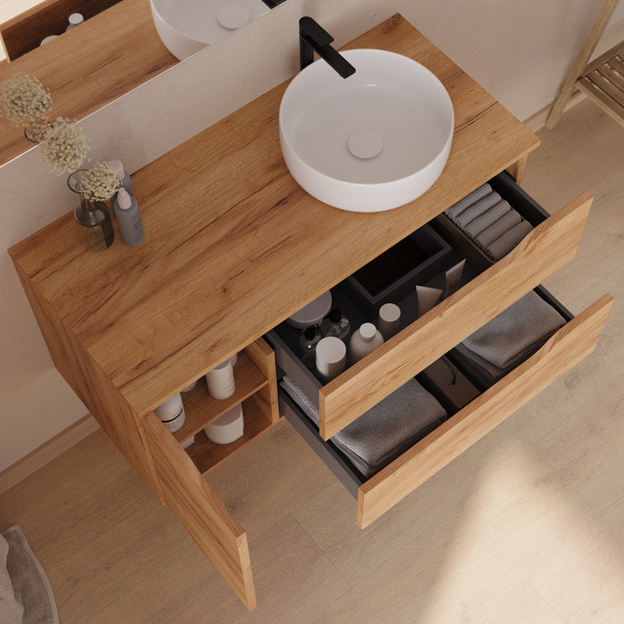 Meuble de salle de bain 100cm avec plateau et vasque à poser déportée à droite Ares - sans miroir - 2 tiroirs et un placard - ZARZA